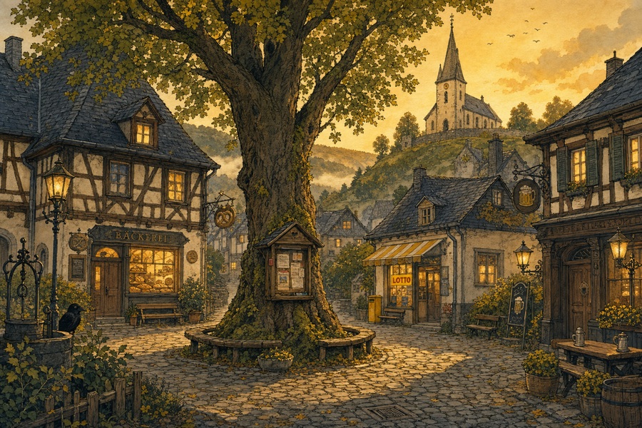 Der Dorfplatz von Munkelbach in der goldenen Stunde